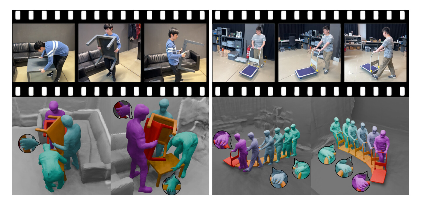 RHINO teaser: filmstrip of monocular input frames over two human-object interaction sequences, each followed by colored 3D reconstructions with zoom-in insets that highlight plausible hand-object contacts.